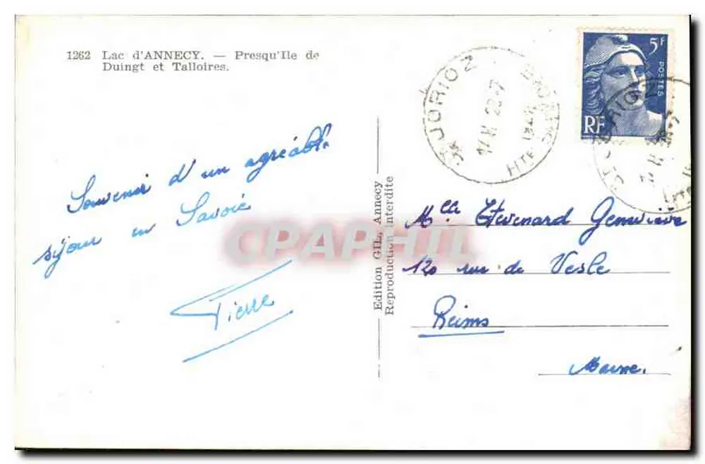 Lac d'Annecy — Presqu'île de Duingt und Talloires — Édition CIL Annecy, n°1262 - Rückseite