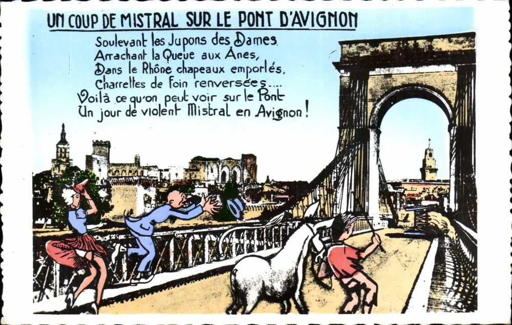 Um vento de Mistral no Ponte de Avignon — caricatura humorística — Cliché R. Durand - Frente