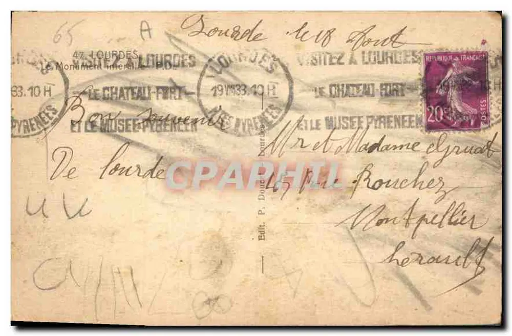 Monumento funerário em Lourdes — editor P. Doucet, n° 65 - Verso