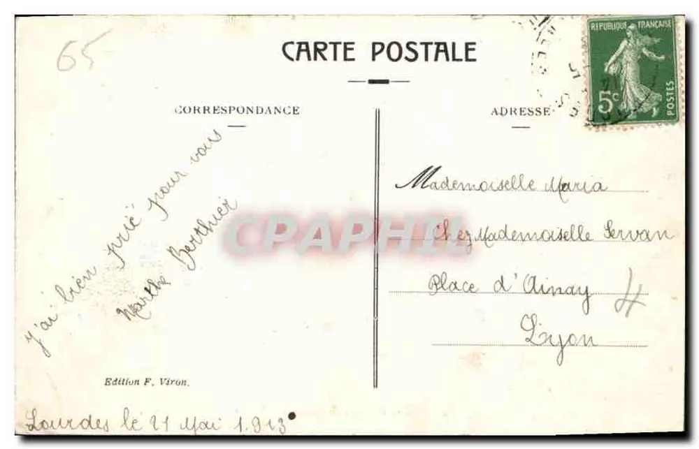 Lourdes - Virgem Coroada e Castelo — Edição F. Viron, n°12 - Verso