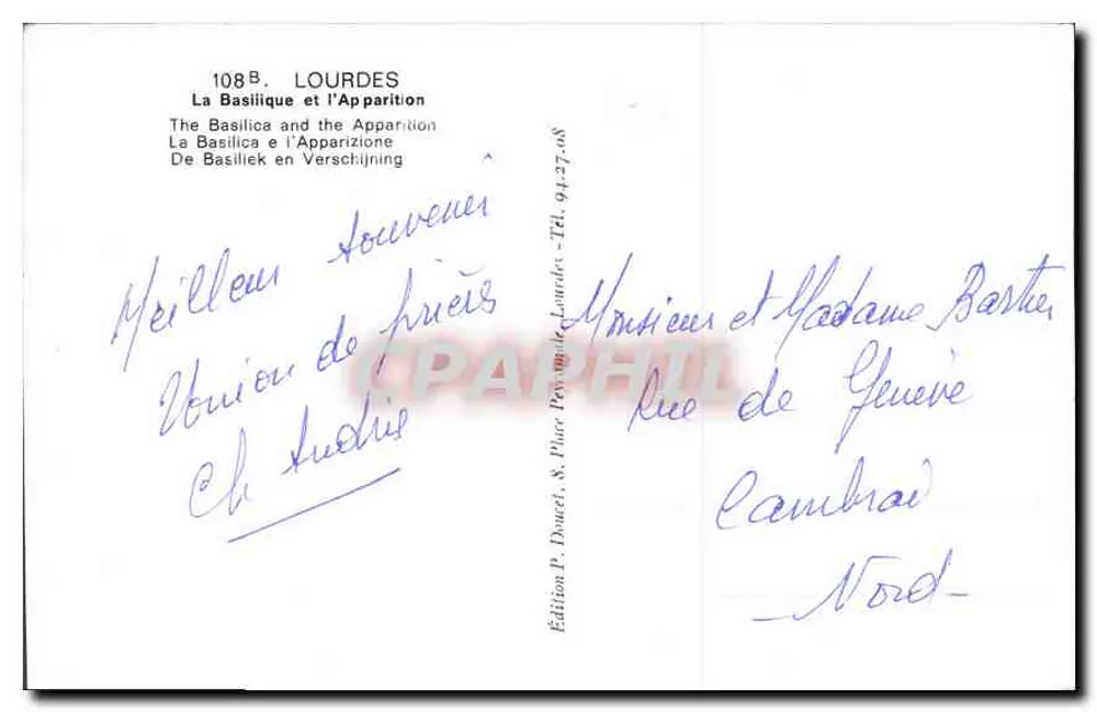 Lourdes — Aparecção da Nossa Senhora — Edição P. Douret, S. Plier Peyroude, Lourdes - Verso