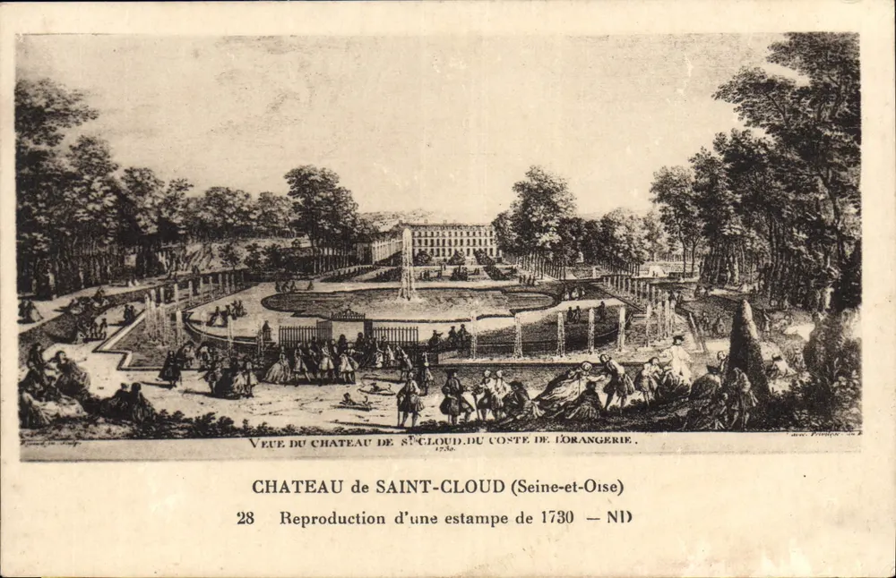 Schloss Saint-Cloud — Ansicht des Schlosses von der Seite der Orangerie — Nachbildung einer Kupferstich von 1730 — NID - Vorderseite