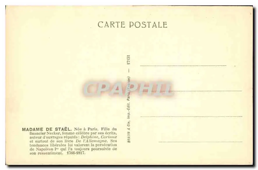 Madame de Staël — (1766-1817) — BRAIN & Cie, Paris (França) — n° 17131 - Verso
