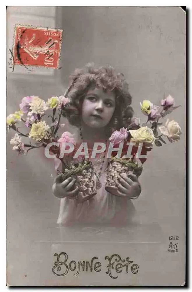 Mädchen mit Blumensträußen — Frohe Geburtstagskarte — A.N. Paris, Nr. 1212 - Vorderseite