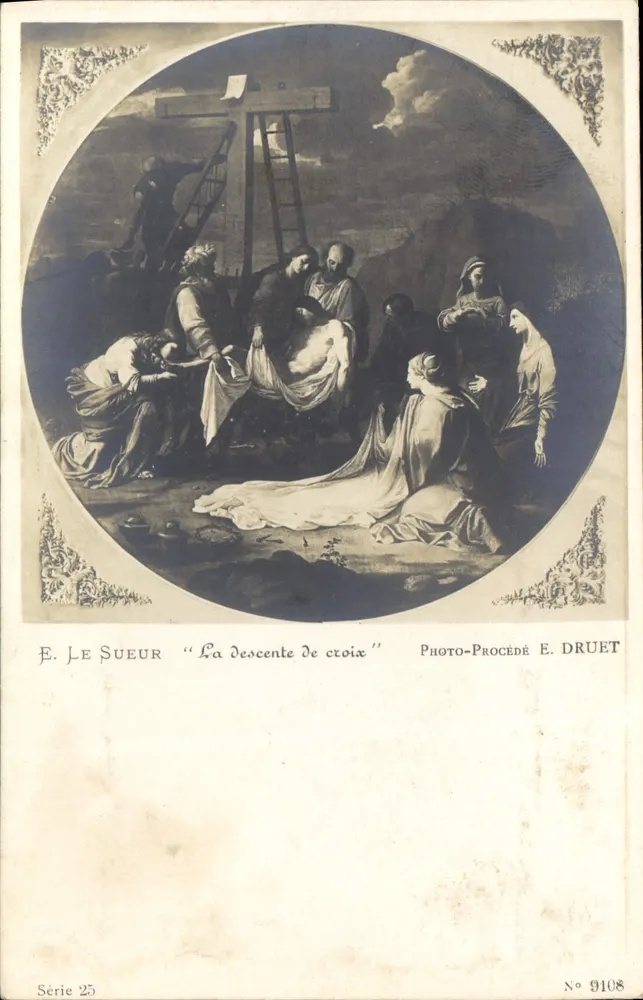 Spuszczenie krzyża — E. Le Sueur — Fotoprocédé E. Druet, nr 9108, seria 25 - Awers
