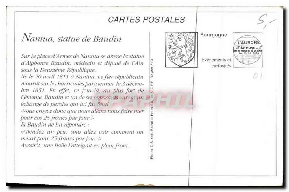 Nantua — Estátua de Alphonse Baudin — Editor Spirali, n° 01 - Verso