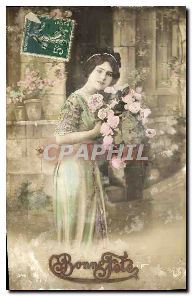 Frau im grünen Kleid mit Rosen — Frohe Geburtstagskarte — unbekannter Verlag, Nr. 346 - Vorderseite