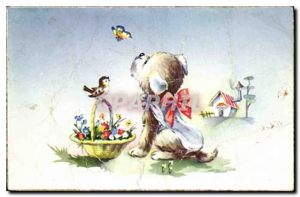 Cachorro e pássaros — cena bucólica — Éditions Univers, N° 473 - Frente