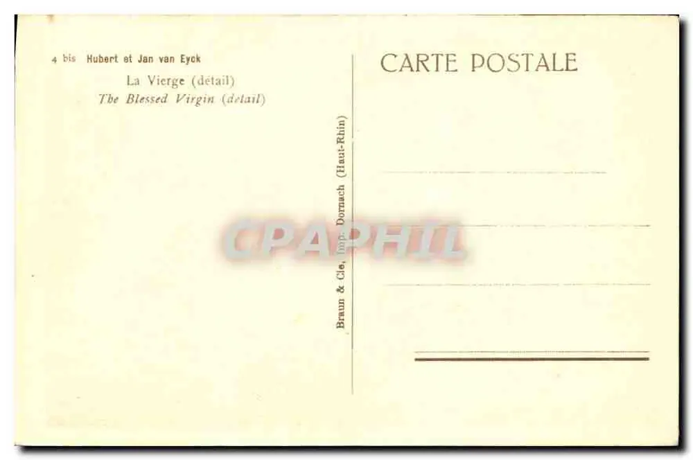 A Virgem (detalhe) — detalhe da obra de Hubert e Jan van Eyck — editada por Braun & Cie, imp. Dornach (Haut-Rhin) - Verso