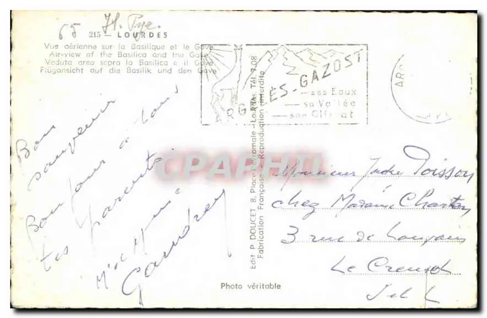 Lourdes — Luftbild der Basilika und des Gave — Verlag Éd. P. Doucet - Rückseite