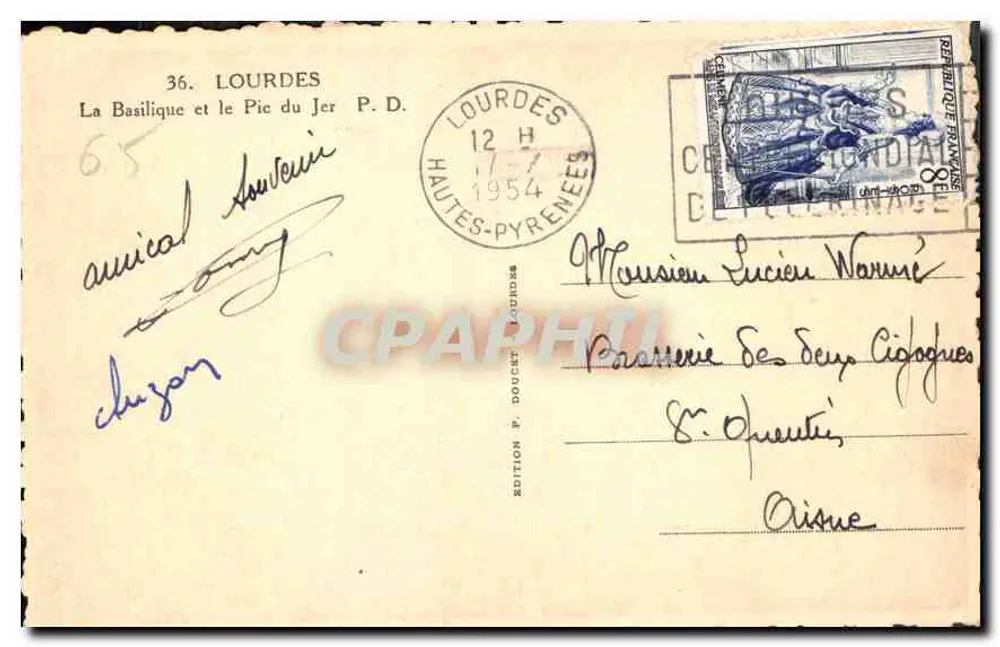 Lourdes — La Basilica e il Pic du Jer — Edizione P. Doucet, n°36 - Verso