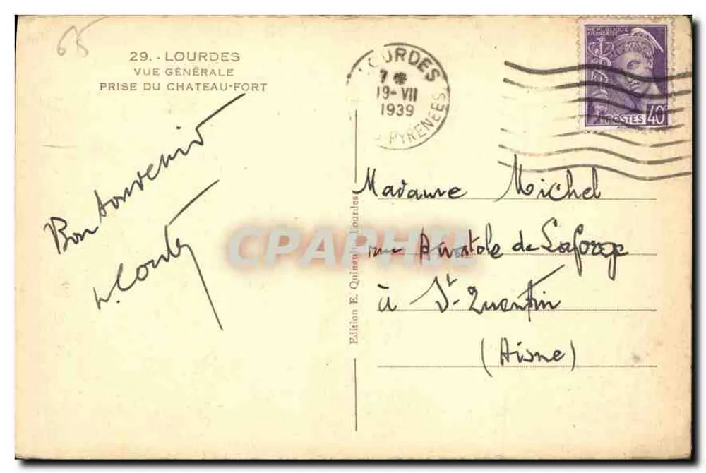 Lourdes — Allgemeiner Blick vom Schlossfriedhof — Edition E. Quinon, Nr. 29 - Rückseite