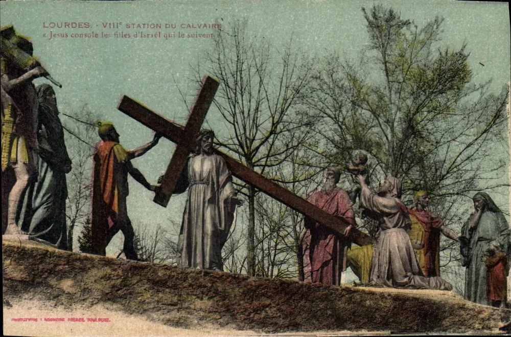 Lourdes - VIIIa Estação do Calvário — «Jesus consola as filhas de Israel que o seguem» — Autotipo, Marcès Mélès, Vaulx-en-Velin - Frente