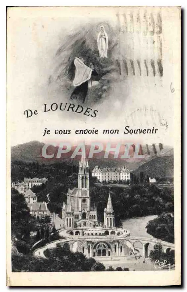 Lourdes — Ansicht der Basilika und Erscheinung der Jungfrau — Verlag CAP, Nr. 6 - Vorderseite