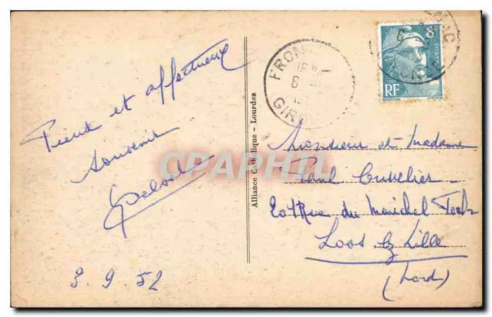 Lourdes — A Gruta — Bilhete postal antigo n°53, editor CAP - Verso