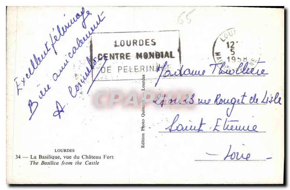 Lourdes — Die Basilika vom Schloss aus gesehen — Édition Photo Quinault, n°34 - Rückseite