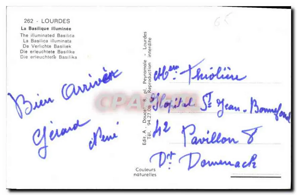Lourdes — A Basílica Iluminada — Edit. A. Doucet, n° 262 - Verso