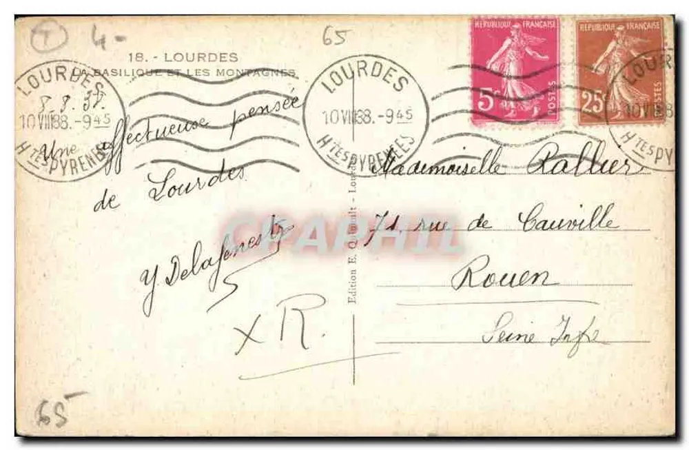 Lourdes — Basilika und die Berge — Edition E. Quinault, Lourdes - Rückseite
