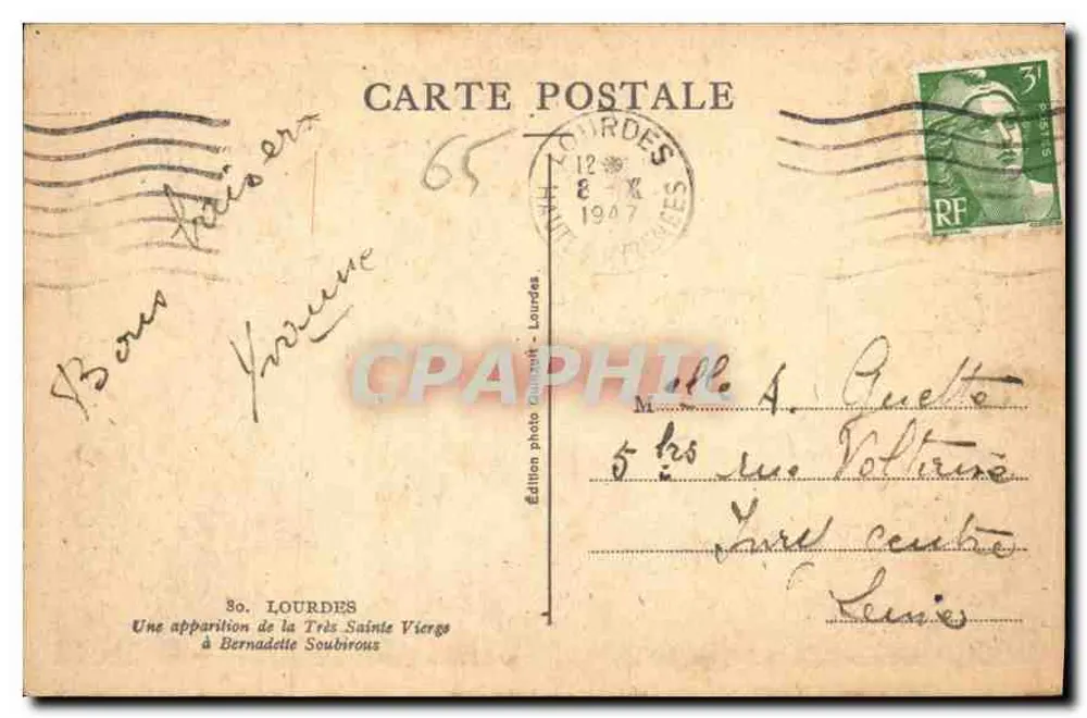 Erscheinung der Allerheiligen Jungfrau Bernadette Soubirous — Édition photo Lourdes, n°65 - Rückseite