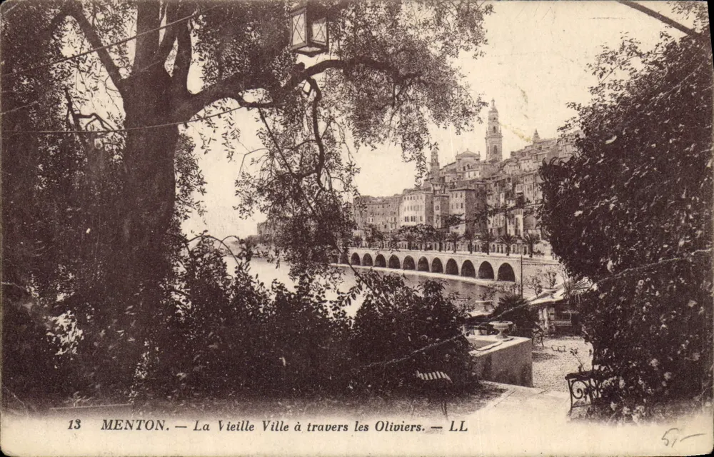 Menton — Die Altstadt durch die Olivenbäume — LL - Vorderseite