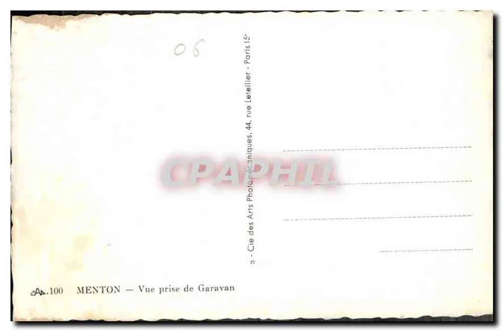Menton — Vista tirada de Garavan — Cie des Arts Photographiques, 44, rue Léopold, Paris - Verso