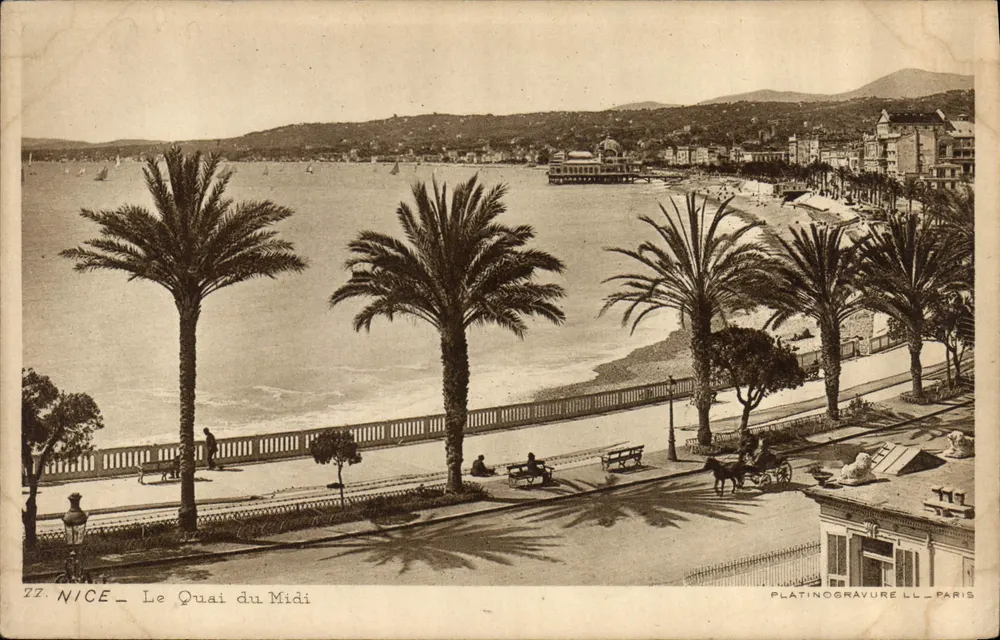 Nice - O Quai do Meio-Dia — vista panorâmica com palmeiras e promenade — Platinogravure LL, Paris, n°72 - Frente