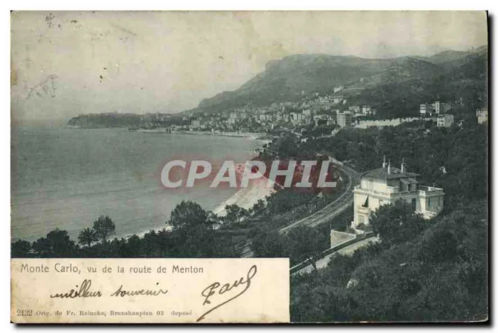 Monte Carlo, visto da estrada de Menton — editor Fr. Roineko, Brunshaupten 03, n° 2132 - Frente