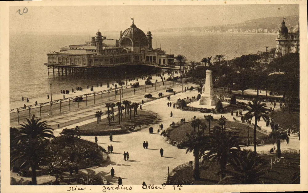 Nice. Jardin Albert 1er — Panoramablick mit dem Monument und der Promenade des Anglais — Éditions d'Art NICE - Vorderseite