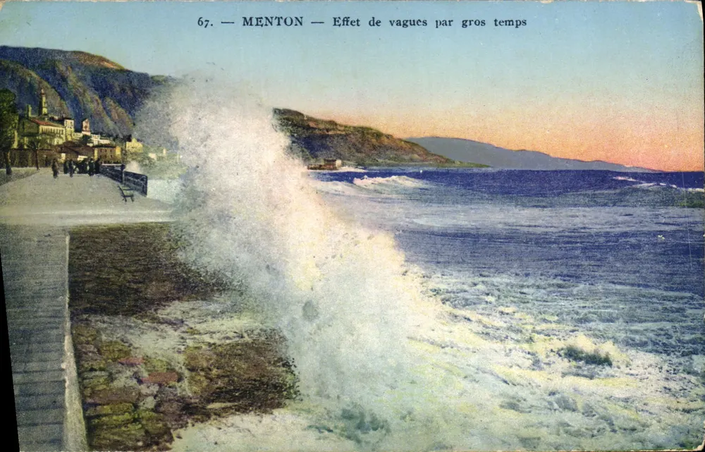 Menton — Effet de vagues par gros temps — Bostan & Renaud, éditeur à Nice, n°67 - Frente