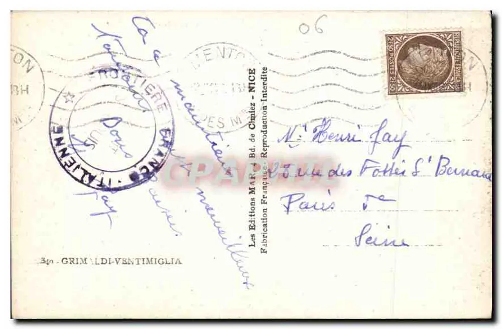Vista da estrada costeira em Ventimiglia — Les Éditions Marie de Cimiez — n°340 - Verso