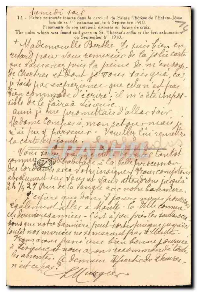 Palmen und Kreuz — Exhumation der Heiligen Thérèse — Verlag A. S. Thévenin, Nr. 12 - Rückseite