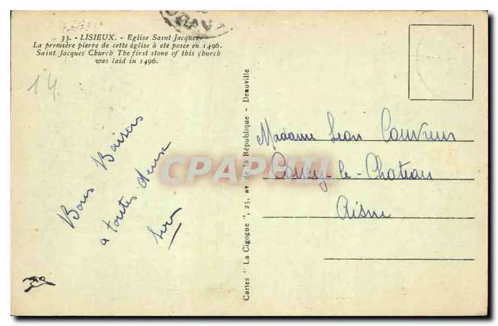 Igreja de São Jacó — Lisieux — Cartas 'A Coruja' - Deauville - Verso