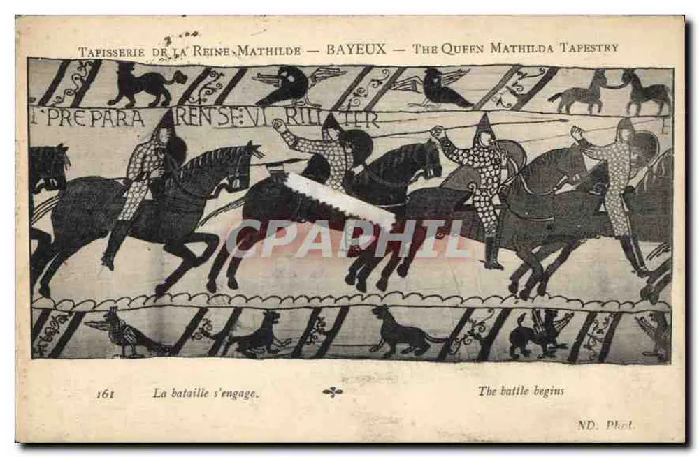 Tapeçaria da Rainha Matilde — Bayeux — The Queen Mathilda Tapestry — cena 161: A batalha começa - Frente