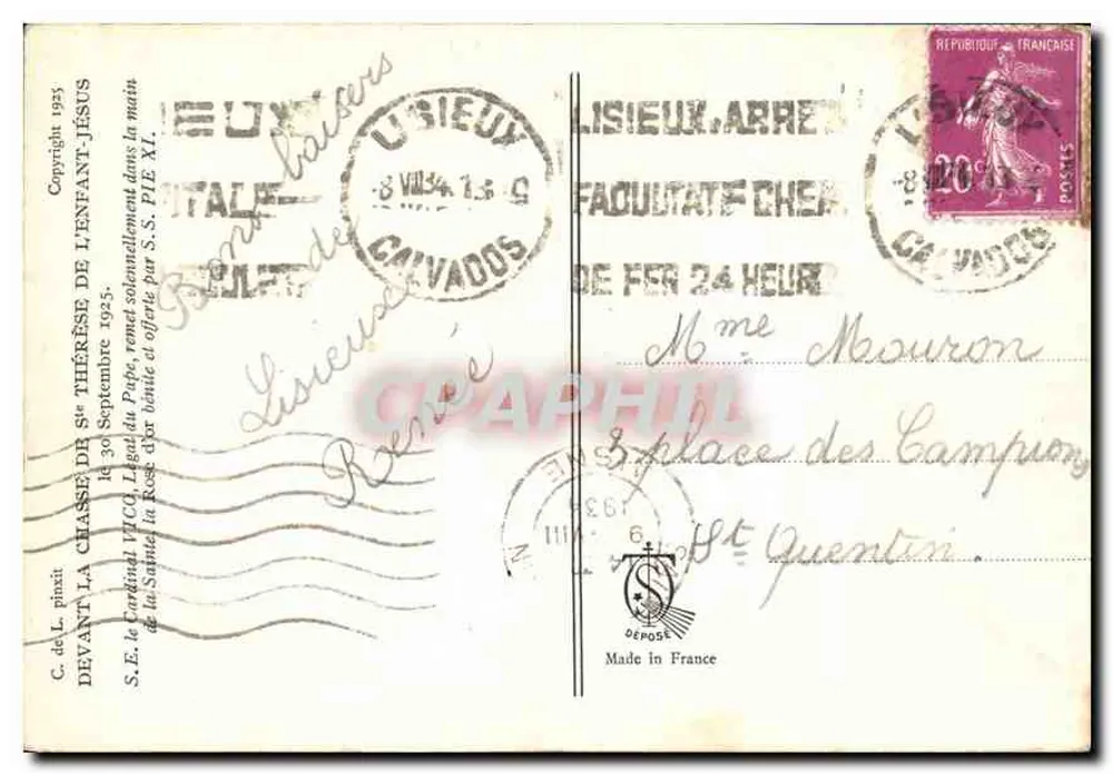 Santa Tereza da Criança Jesus — Legado do Papa, entregue solenemente na mão da Santa Rosa — C. de L. pinxit 1925 - Verso