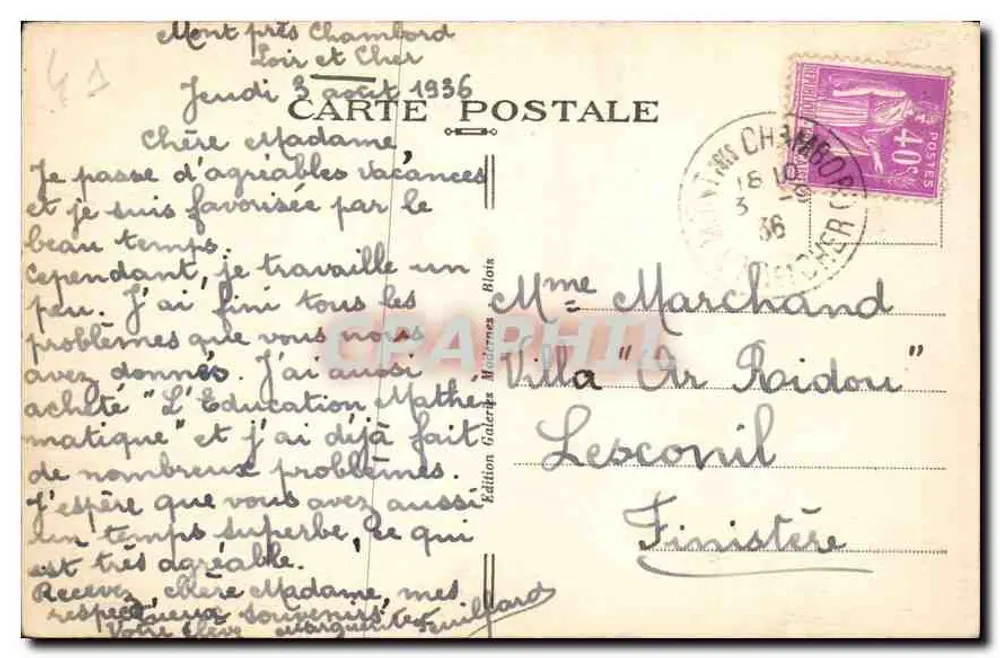 Chambord — Le Château et le Pont sur le Cosson — Édition Galeries Modernes - Verso