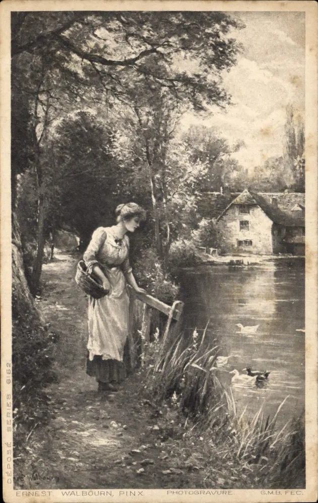 Mulher na borda de uma lagoa — Ernest Walbourn, Pinx — Fotogravura G.M.B. FEC. - Frente