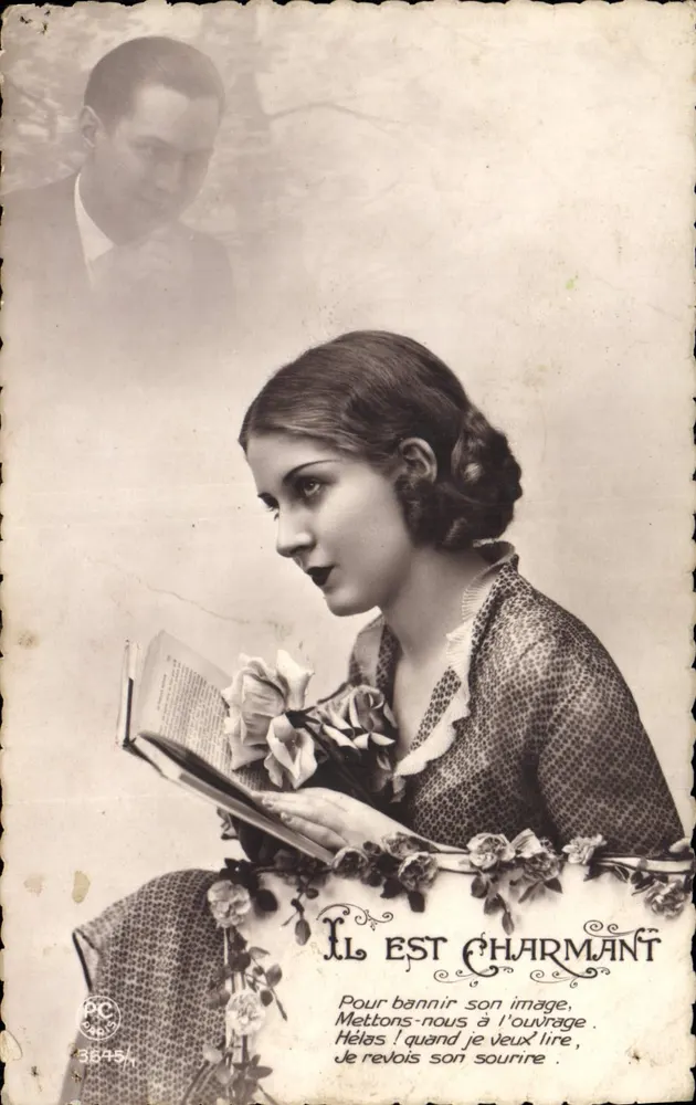 Jovem mulher lendo um livro — com fantasma de homem no fundo — editor PC (nº 58954) - Frente