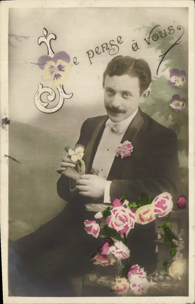 Eu penso em você — homem em terno com rosas — editor JK - Frente