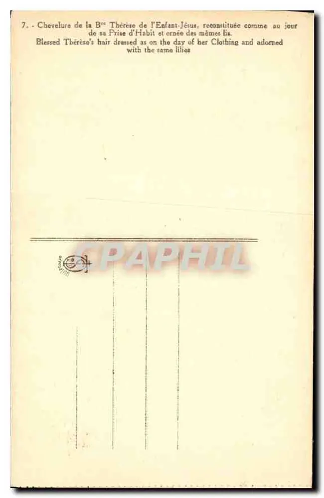 Cabelo da Béatrice da Criança Jesus — reconstituído como no dia de sua Tomada de Véu — editor não visível - Verso