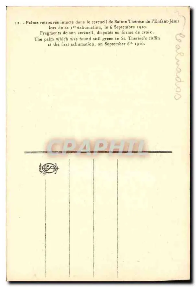 Palm und Kreuz der hl. Thérèse de l'Enfant-Jésus — Fragmente ihres Sarges — anonymer Verleger, Nummer 12 - Rückseite