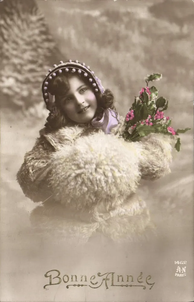 Meisje in vacht die een bos bloemen houdt — Gelukkig Nieuwjaar — A.N. Parijs n°1462 - Voorkant