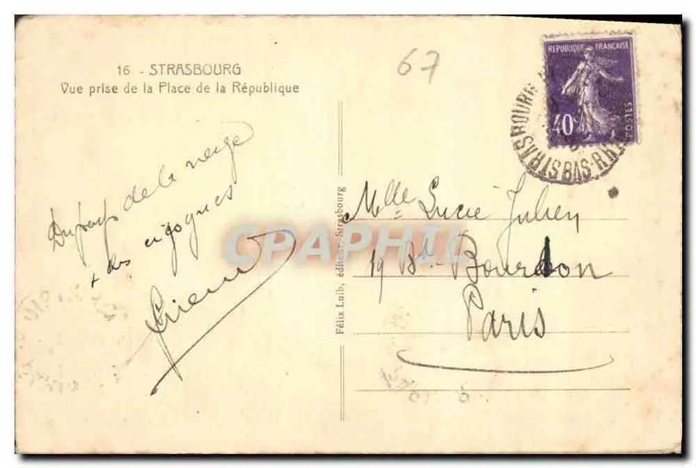 Strasbourg — Ansicht vom Place de la République — Félix Lab, Verleger Strasbourg, Nr. 16 - Rückseite