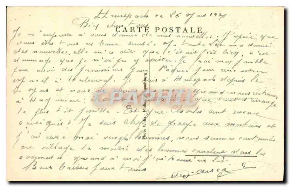 Hunspach — Die Schule und ihr Storchennest und Restaurant M. Billmann — Verleger Cable Postale - Rückseite