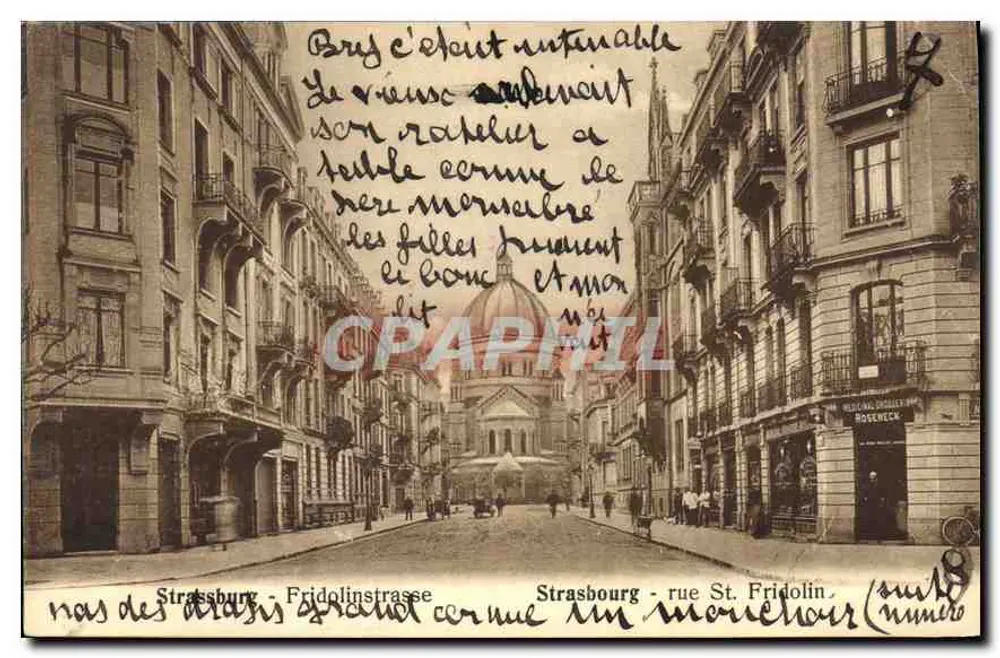 Estrasburgo - calle San Fridolino — vista de la calle con iglesia en el fondo — editor Roseneck, n° 9 - Anverso