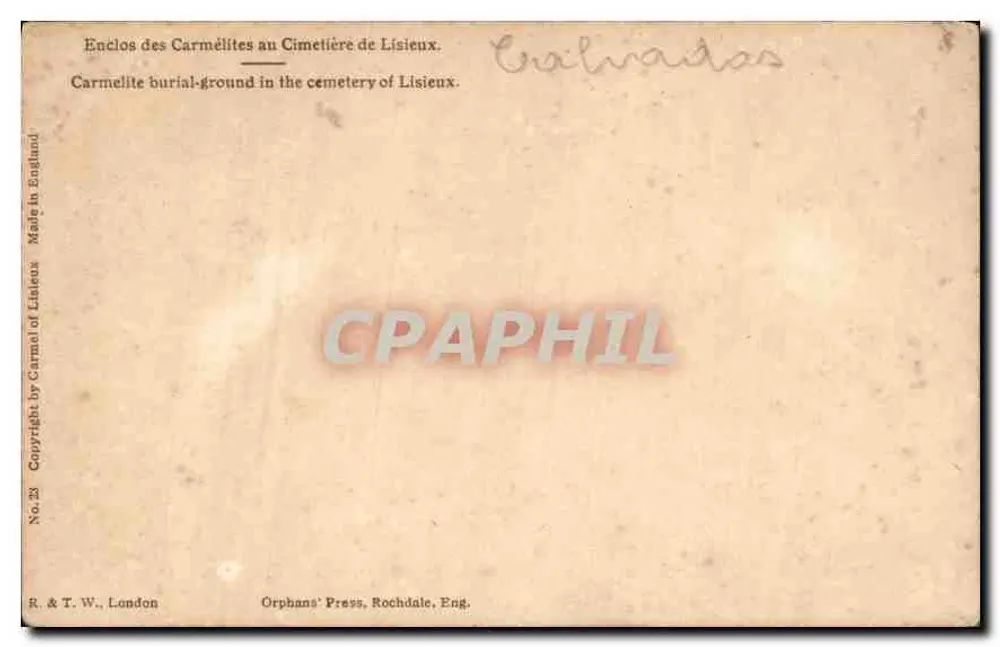Friedhof von Lisieux — Eintritt der Carmeliter — Heilige Thérèse von Avila und Heilige Marie Émmanuelle — Verlag Orphans' Press, Rochdale, Eng. - Rückseite