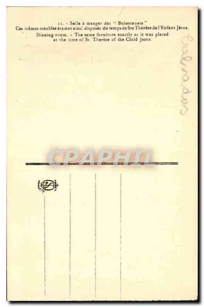 Sala de jantar dos 'Buissonnets' — Sala de jantar da abadia da Criança-Jesus — editor não visível - Verso