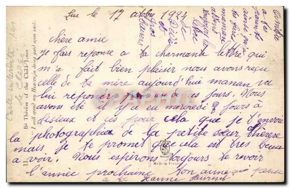 A Santa Teresinha da Criança Jesus — cobrindo seu crucifixo de rosas — editor Ciby, n°11 - Verso