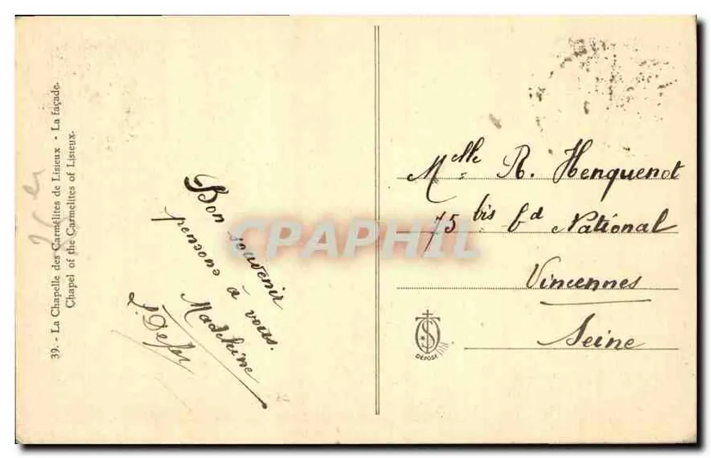 Kapelle der Carmeliterinnen von Lisieux — Calvados — Verleger Dela - Rückseite