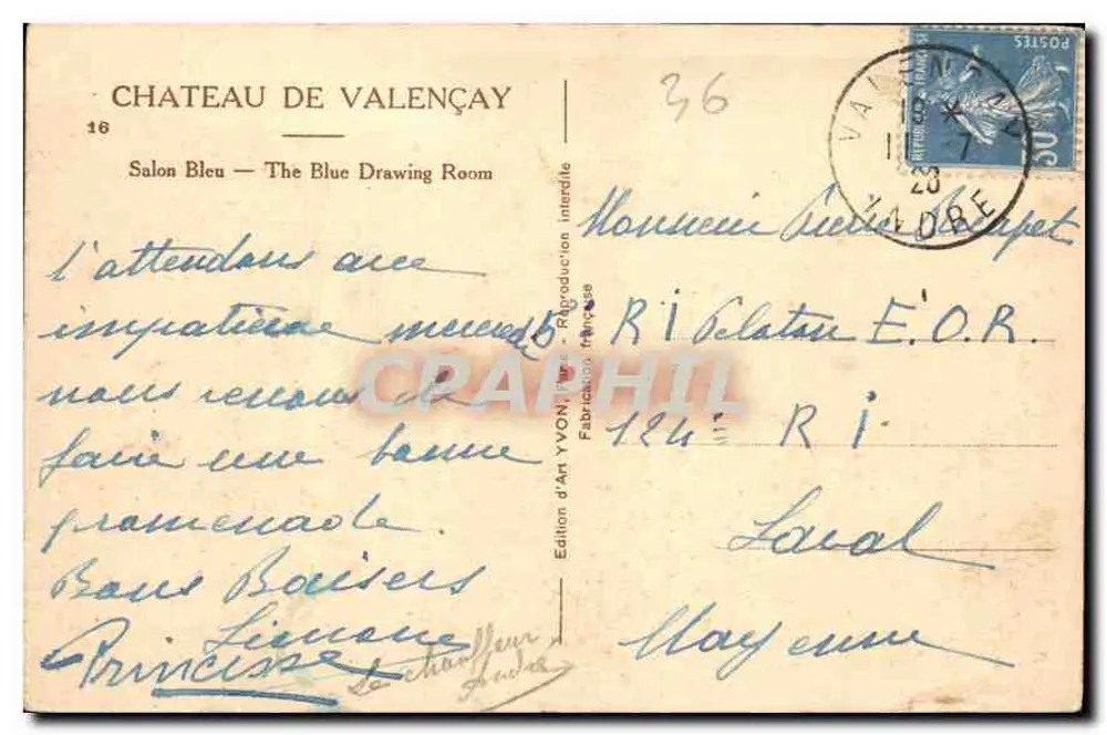 Castelo de Valençay — Salão Azul — Edição d'Art Yvon - Verso