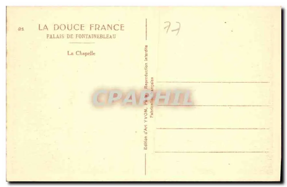 Palácio de Fontainebleau — A Capela — Edição de Arte YVON - Verso